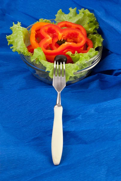 Εικόνα ενός πιάτου με κομμένα πιπεριά και μαύρες ελιές — Φωτογραφία Αρχείου