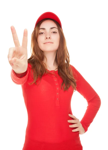 Beautiful woman showing victory sign or peace isolated on white — Stock Photo, Image