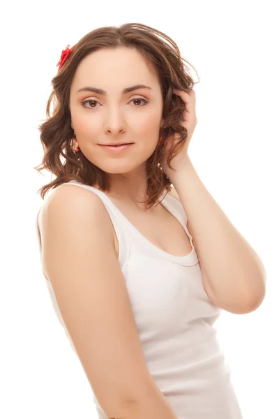 Beautiful woman in white vest smiling — Stock Photo, Image