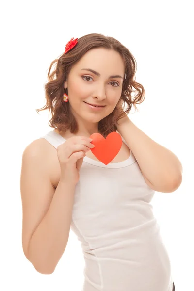 Mooie vrouw met valentines kaart — Stockfoto
