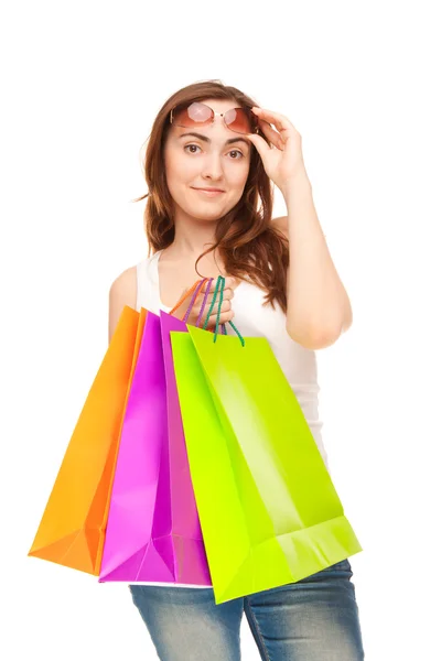 Piękna kobieta z kolorowe torby na zakupy — Zdjęcie stockowe