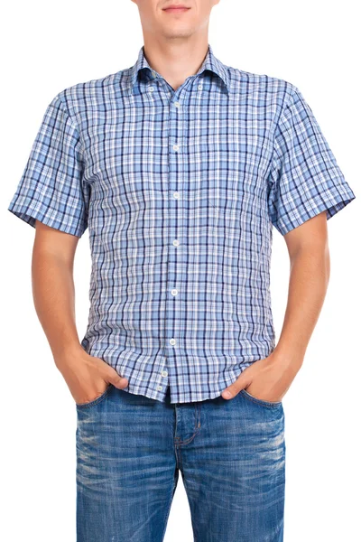 Tipo con una camisa a cuadros, aislado en blanco — Stockfoto