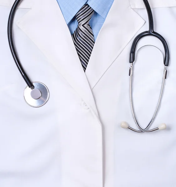 Doctors lab white coat with stethoscope. Close up Stock Photo