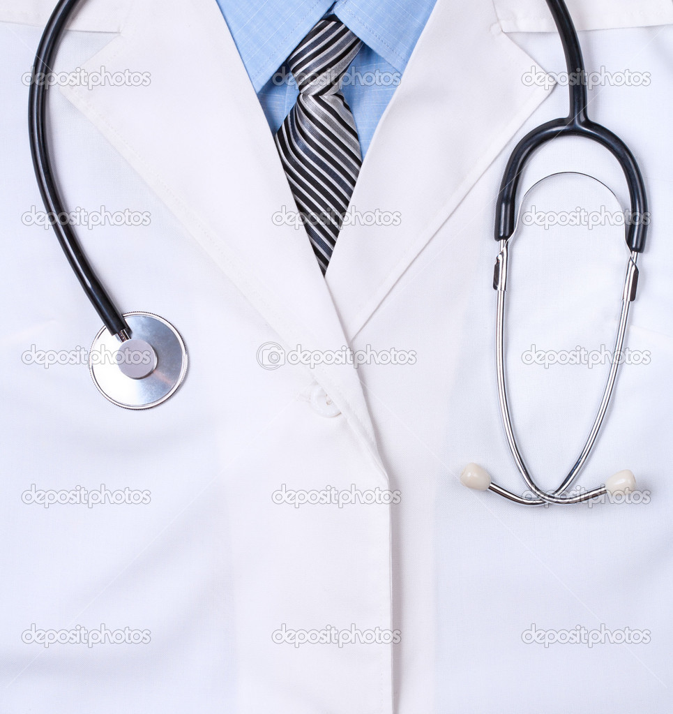 Doctors lab white coat with stethoscope. Close up