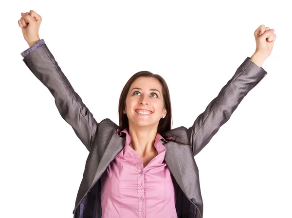 Successful businesswoman is raising her hands up — Stock Photo, Image