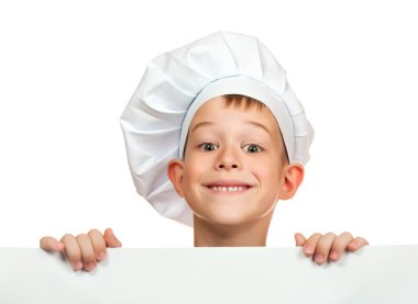 Cook çocuk beyaz bir levha saklanıyor