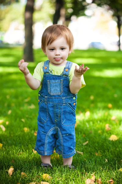 Boldog baba nyugszik a zöld fű — Stock Fotó