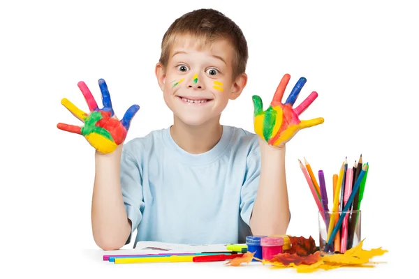 Funny boy with stained coloured hand. isolated — Stock Photo, Image