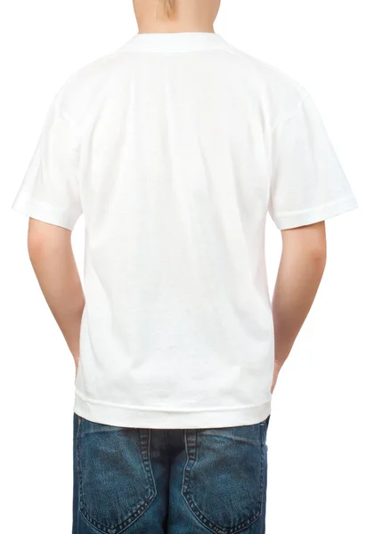 T-shirt blanc sur un jeune homme. Dos — Photo