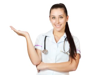 Beyaz önlük üzerinde beyaz izole kadın doktor