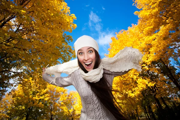 Happy woman on a autumn sky background — Stock Photo, Image