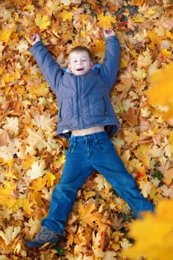 mutlu çocuk sarı yapraklarda yalan söylüyor