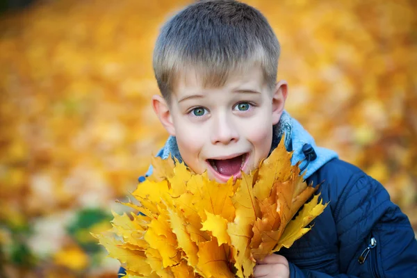 快乐的孩子在黄色秋天的背景上枫叶 — 图库照片