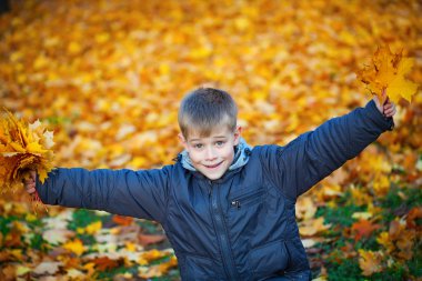 Happy kid on a background of autumn leafs