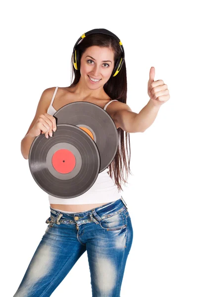 Bruna donna con dischi musicali — Foto Stock