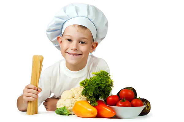 Cook is holding raw spaghetti. isolated — Stock Photo, Image