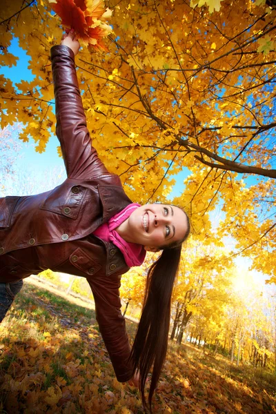 Ragazza su uno sfondo di foglie di autunno — Foto Stock