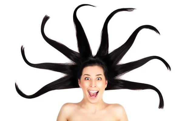 Giovane donna con lunghi capelli schizzati. isolato — Foto Stock