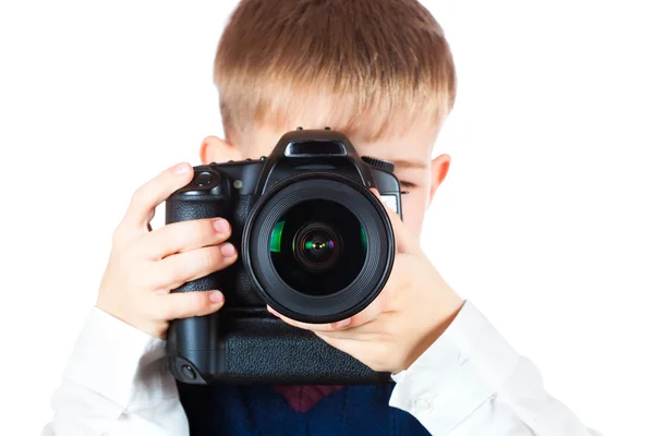 Fanny jongen is bedrijf camera en het nemen van een foto — Stockfoto