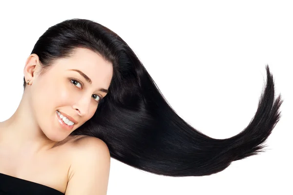 Donna con lunghi capelli castani dritti — Foto Stock