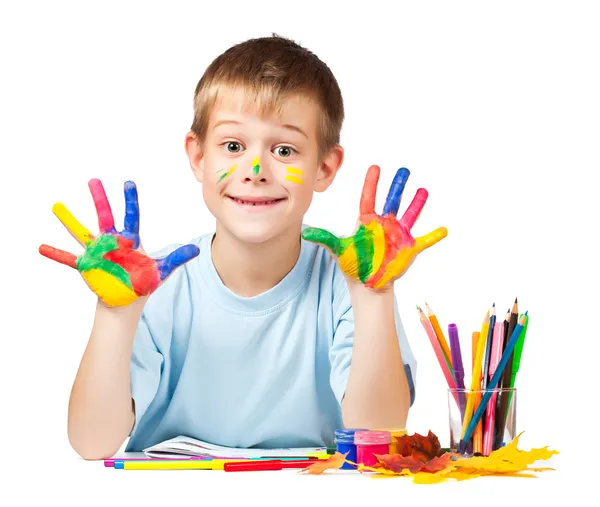 Happy boy with stained coloured hand — Stock Photo, Image