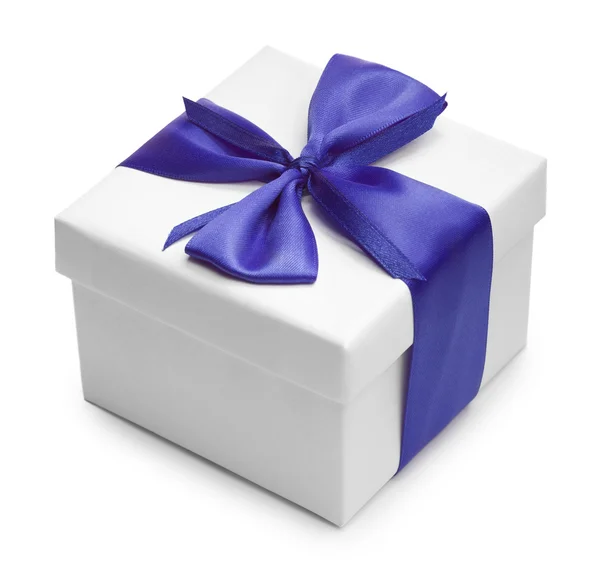 White box anf blue bow and ribbon. isolated — Stock Photo, Image
