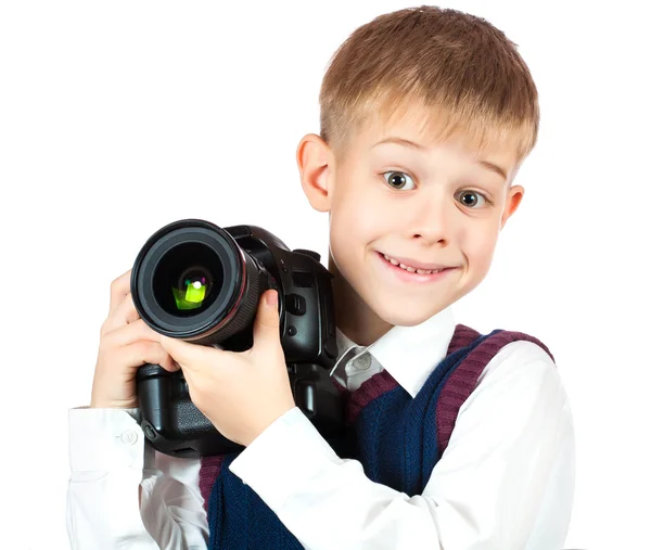 Happy Boy is holding camera and taking a photo — Stock Photo, Image