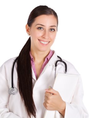 kadın doktor defter ile beyaz bir ceket