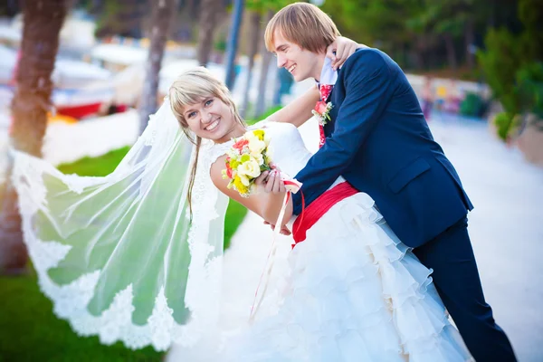 Newlyweds are hugging in the green park — Stock Photo, Image