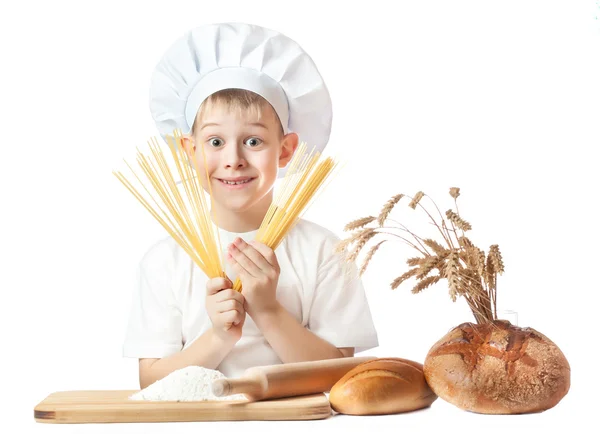 Funny scullion with spaghetti in his hands — Stock Photo, Image