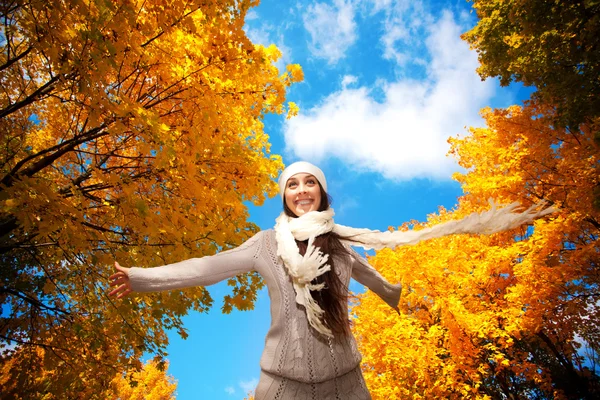 Mulher feliz em um fundo de céu de outono — Fotografia de Stock