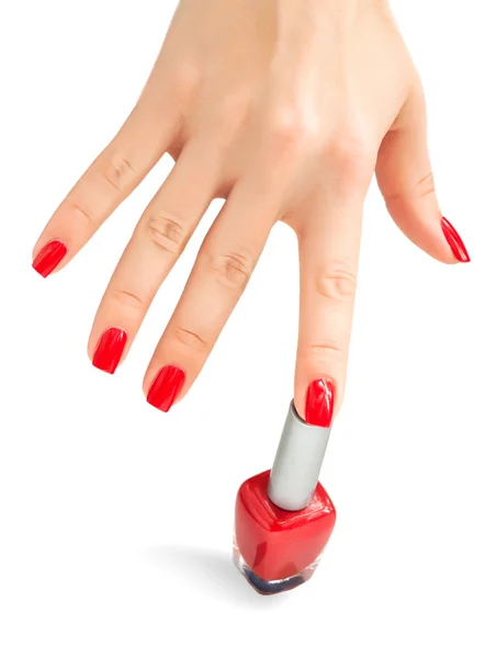 Hand met rode nagellak. geïsoleerd — Stockfoto