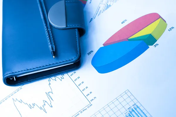 Statistische Diagramme und Notizbuch finanzieren — Stockfoto