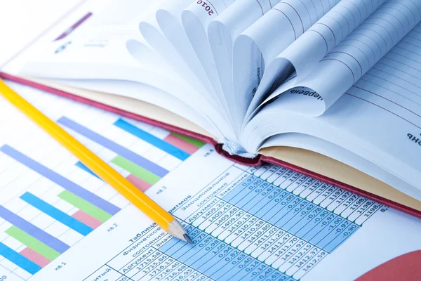Finança Gráficos estatísticos e caderno — Fotografia de Stock