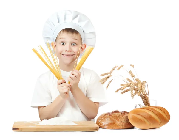 Cute scullion with spaghetti hands — Stock Photo, Image