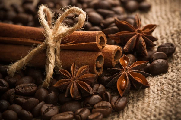 Três rolos de canela para grãos de café torrados. macro — Fotografia de Stock