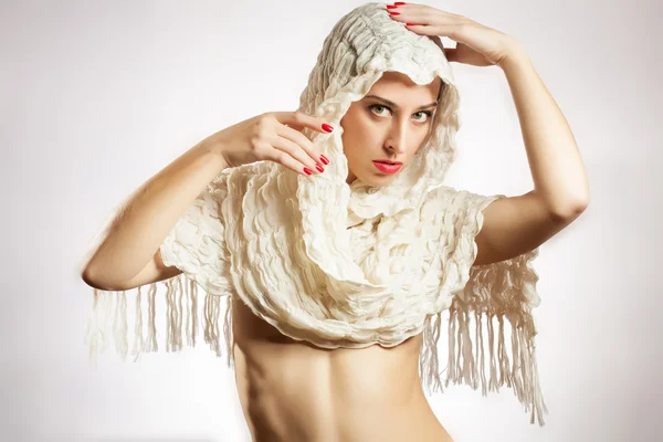 Portrait of a pretty brunette with a scarf on her head — Stock Photo, Image