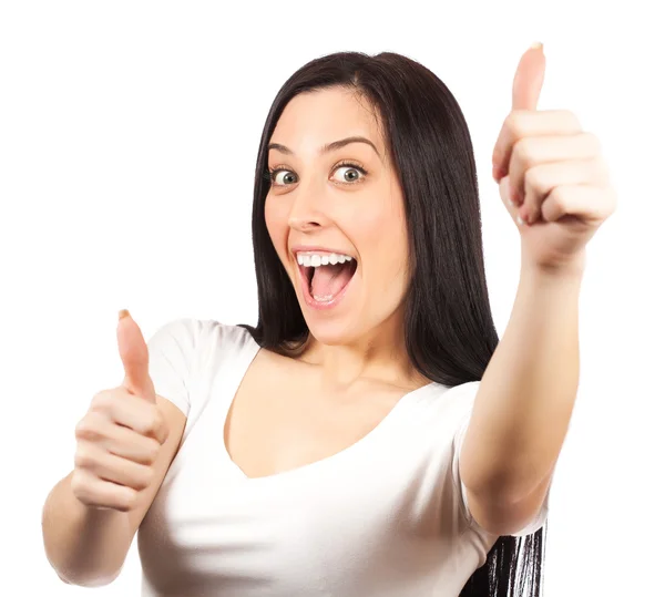 Bright picture of lovely girl with thumbs up — Stock Photo, Image