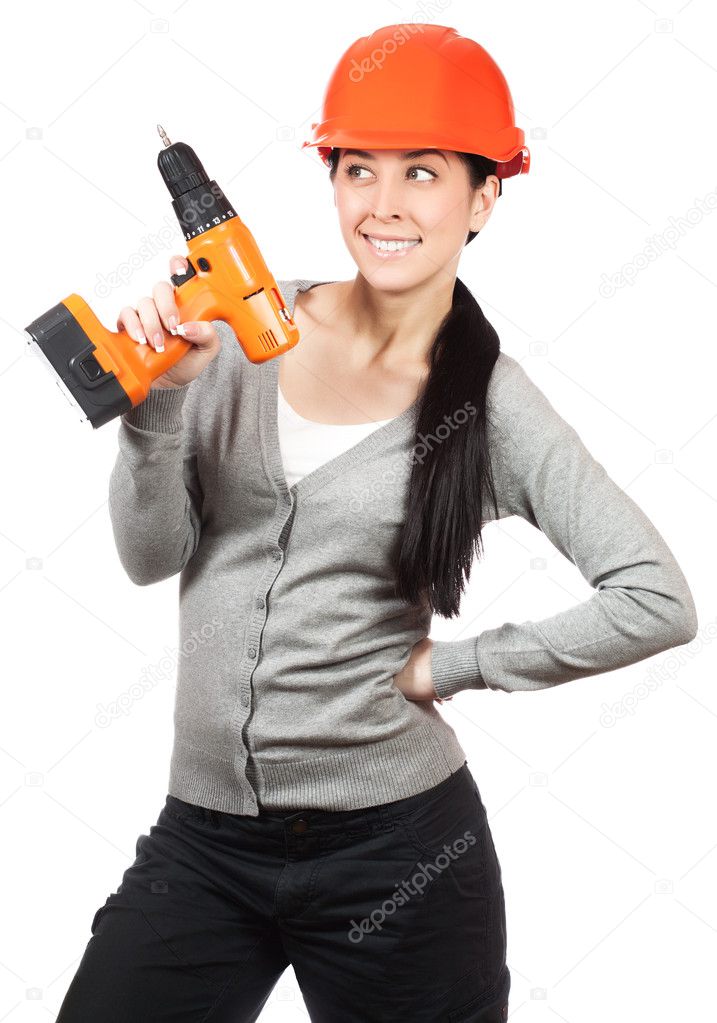 Pretty woman with hard hat and screwdriver. isolated
