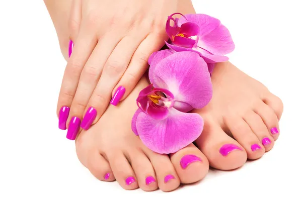 Roze manicure en pedicure met een orchideebloem. — Stockfoto