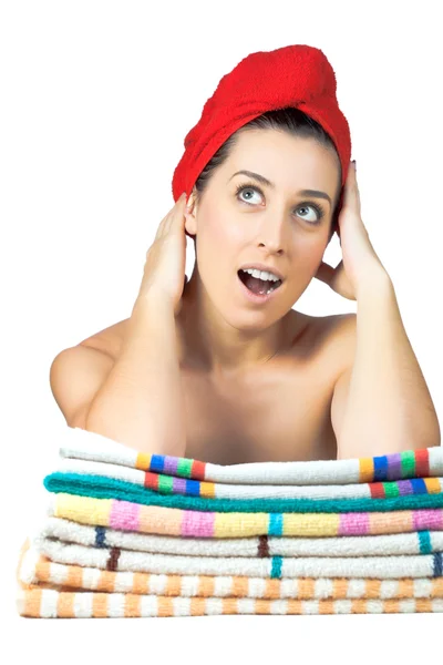 Woman with towel on hair — Stock Photo, Image