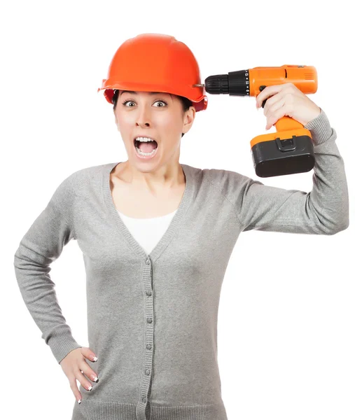 Crazy woman with orange hard hat and drill — Stock Photo, Image