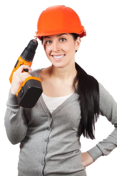 Mulher sorridente com chapéu duro laranja. isolado — Fotografia de Stock