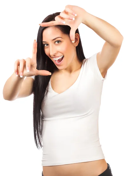 Woman making a frame with her hands. isolated — Stock Photo, Image