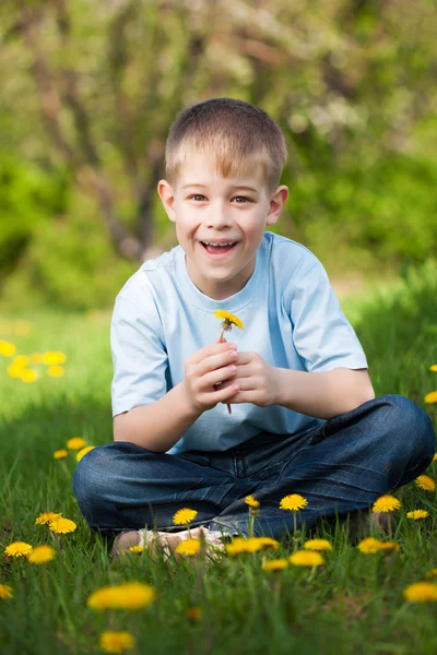 Lustiger Junge mit Löwenzahn in einem grünen Park. Sommer — Stockfoto