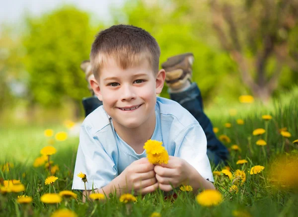 Un chico con dientes de león en un parque verde. verano —  Fotos de Stock
