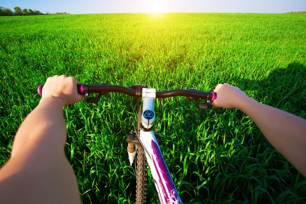 Ciclista in un campo verde in bicicletta. viaggi — Foto Stock