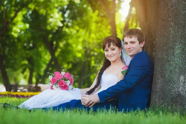 Frischvermählte sitzen auf dem grünen Gras — Stockfoto