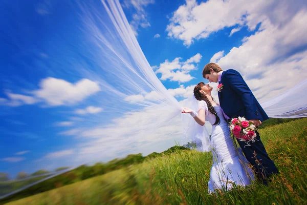 Lyckligt nygifta på blå himmel bakgrund — Stockfoto