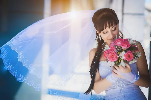 Sposa contro un edificio moderno blu — Foto Stock